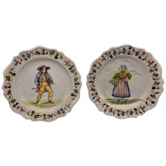 Pair, Large French Quimper Faience Pottery Figural Plates 13"