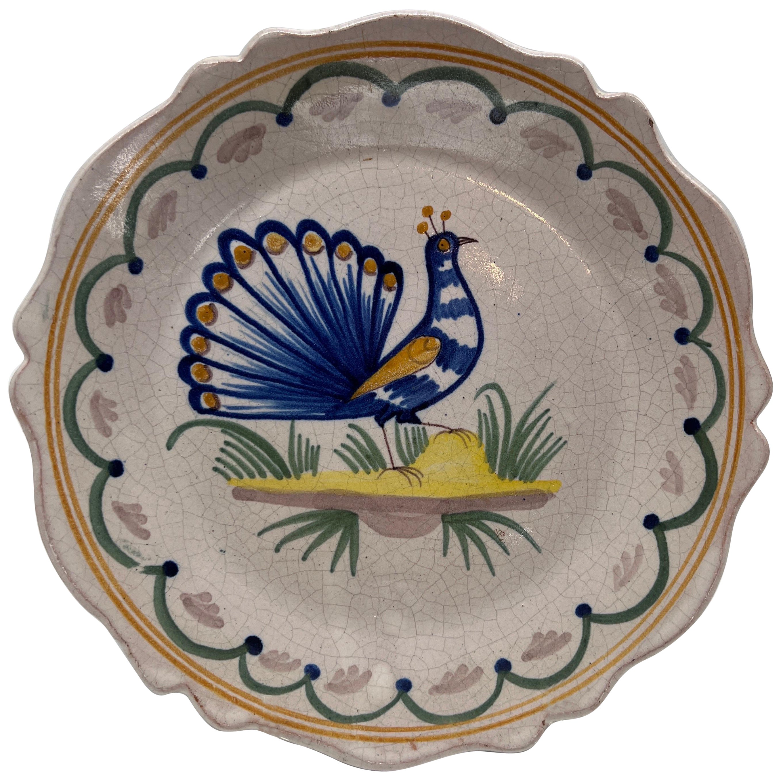 Vintage French Quimper Faience Pottery Peacock Plate For Sale