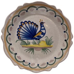 Used French Quimper Faience Pottery Peacock Plate