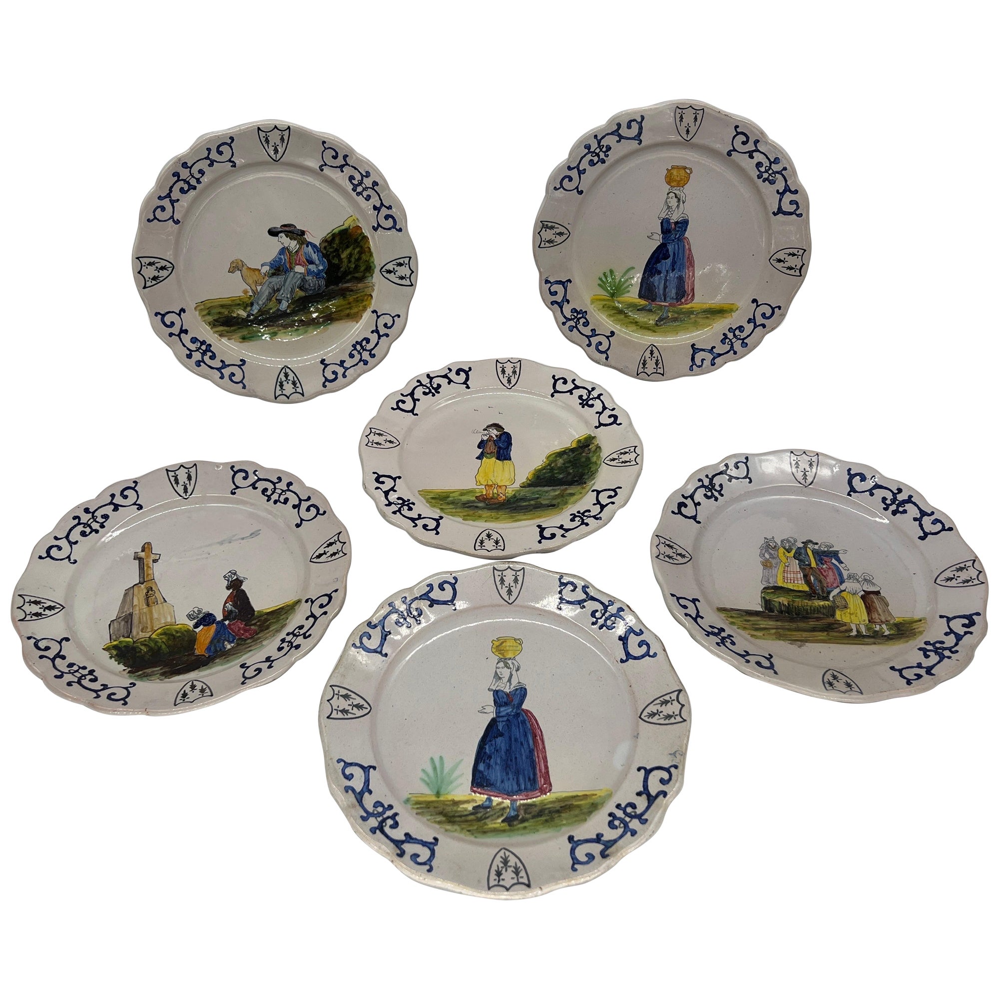 Collection of 6 French Quimper Faience Pottery Figural Shield Armorial Plates For Sale