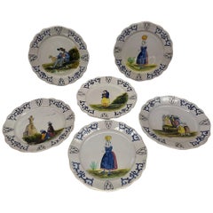 Vintage Collection of 6 French Quimper Faience Pottery Figural Shield Armorial Plates