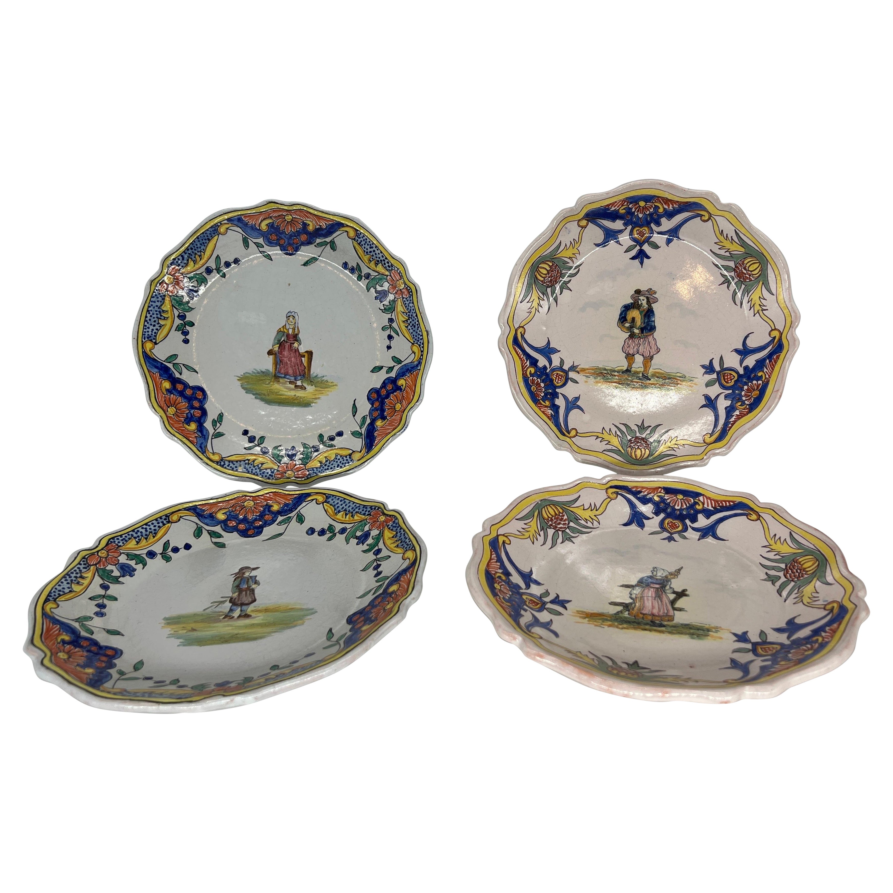 Collection of 4 French Quimper Faience Pottery Figural Plates For Sale
