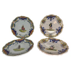 Used Collection of 4 French Quimper Faience Pottery Figural Plates