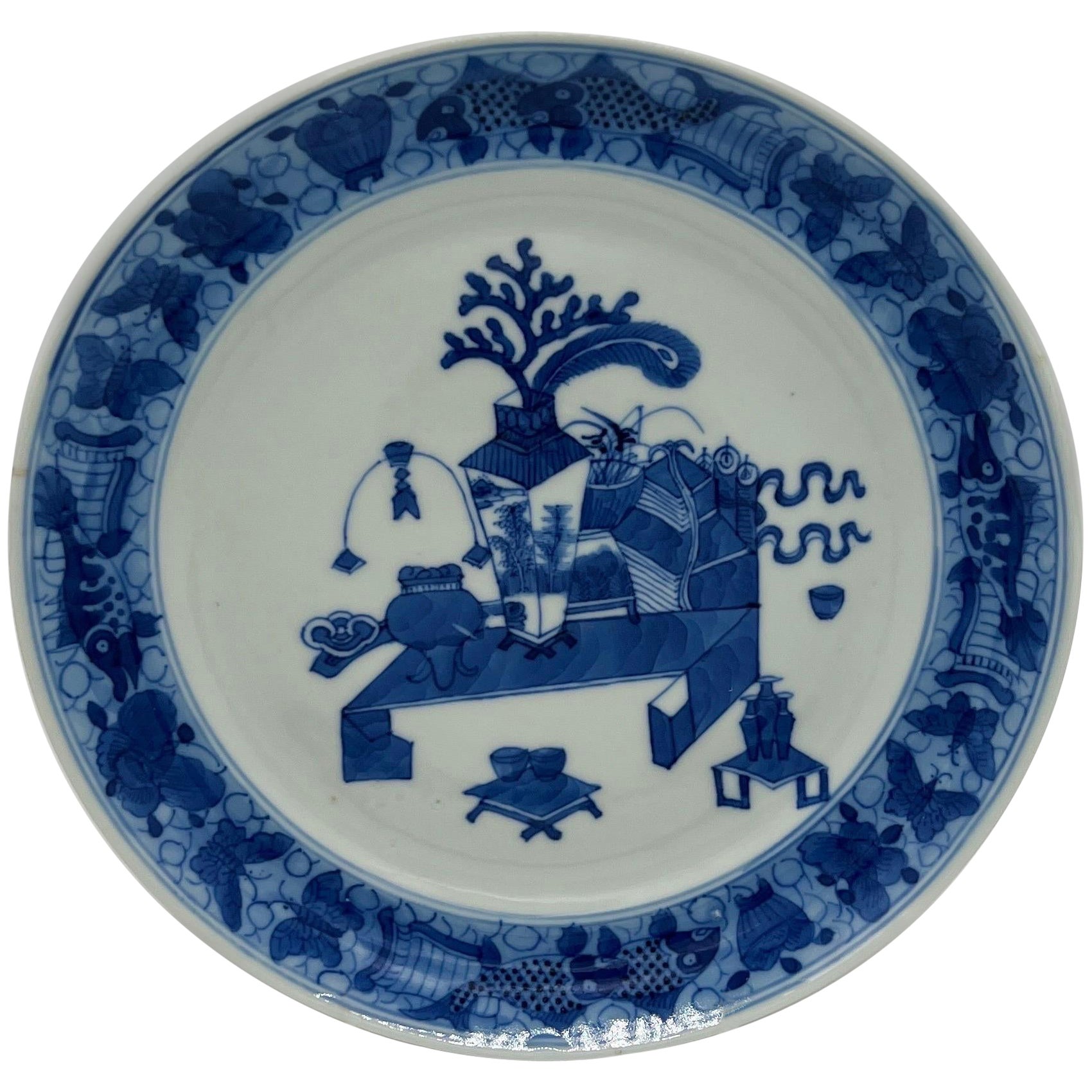 Chinese export blue & white plate, ‘precious objects’, c.1780 For Sale