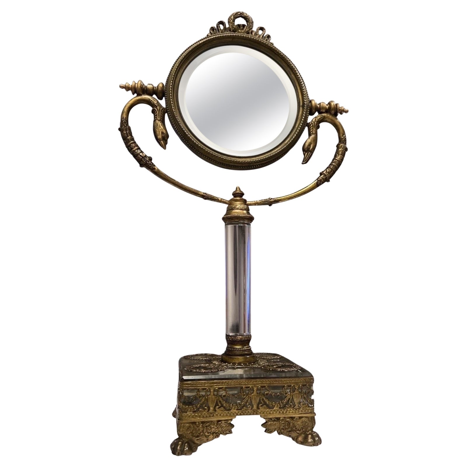 Antique Fine Neoclassical Gilt Bronze & Glass Vanity Mirror W/ Swan Supports en vente