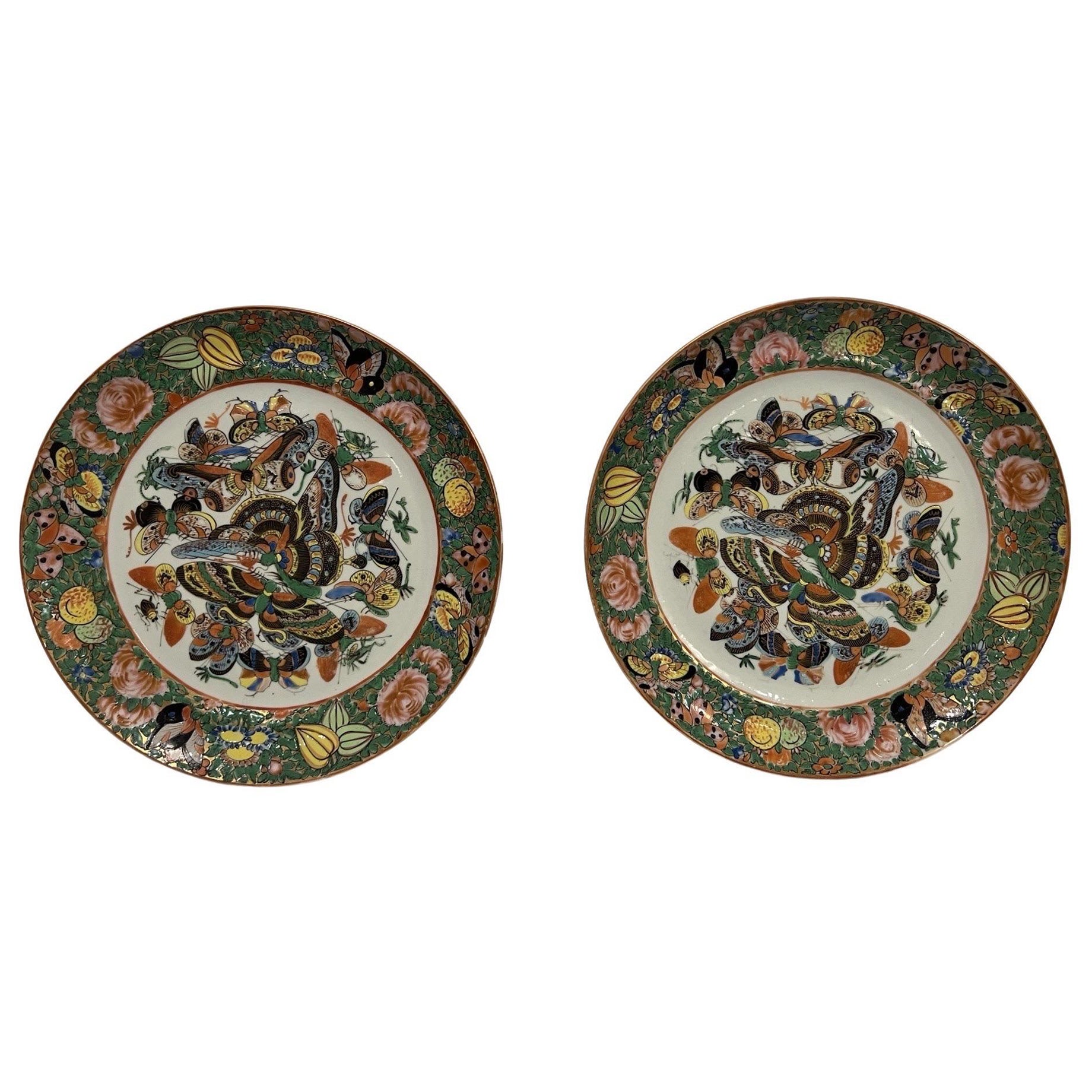 Pair, 19th Century Chinese Export "Thousand Butterfly" Porcelain Plates 9.5"