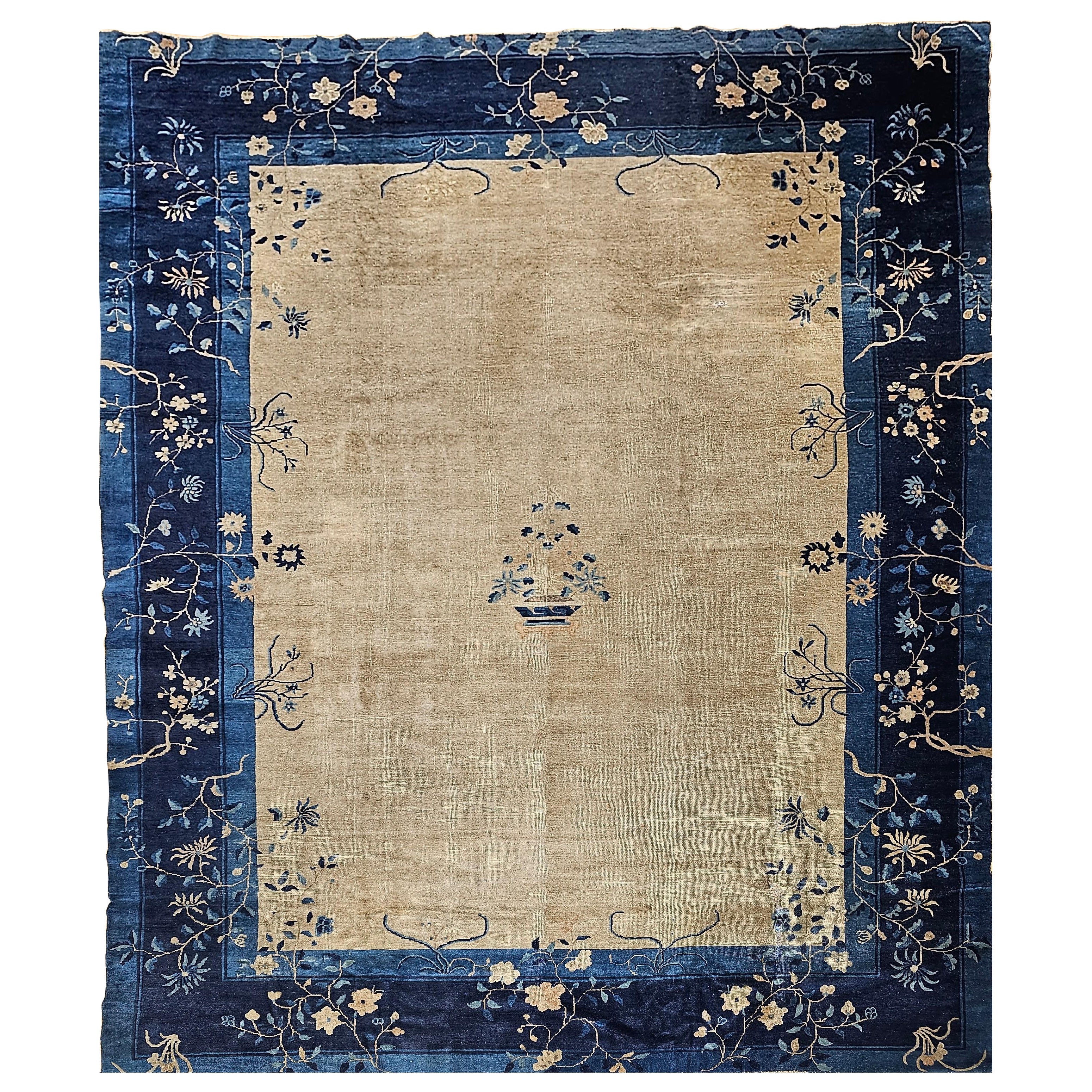 Tapis chinois pékinois vintage en paille, gris, bleu marine, bleu français