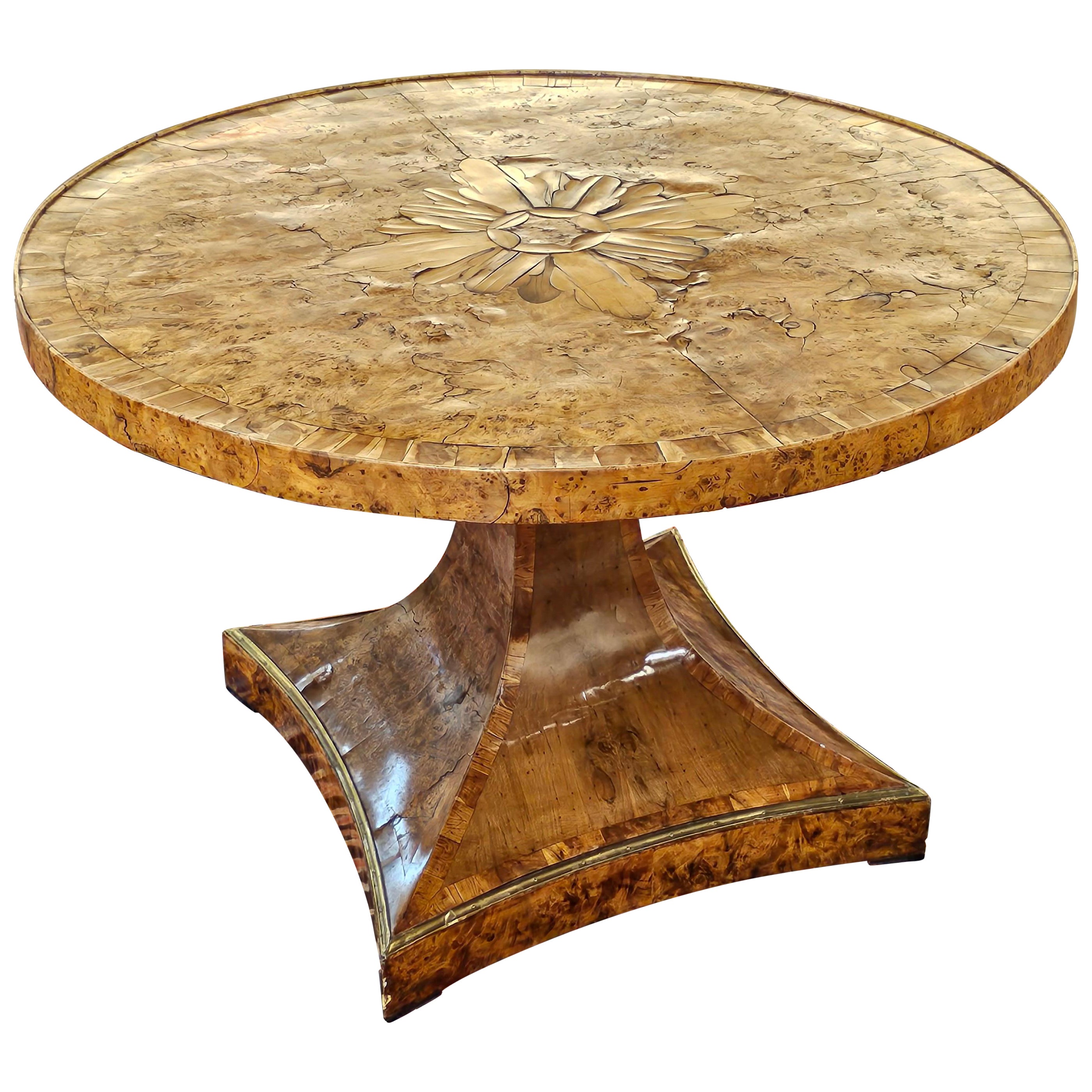 1820s Biedermeier Brass Mounted Carelian Birch and Marquetry Center Table For Sale