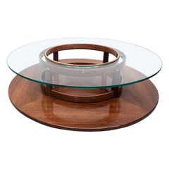 Table basse ronde du milieu du siècle de Gianfranco Frattini, teck et verre, années 1950