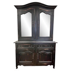 Large Distressed Black Painted China Display Cabinet Hutch