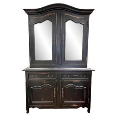 Used Large Distressed Black Painted China Display Cabinet Hutch