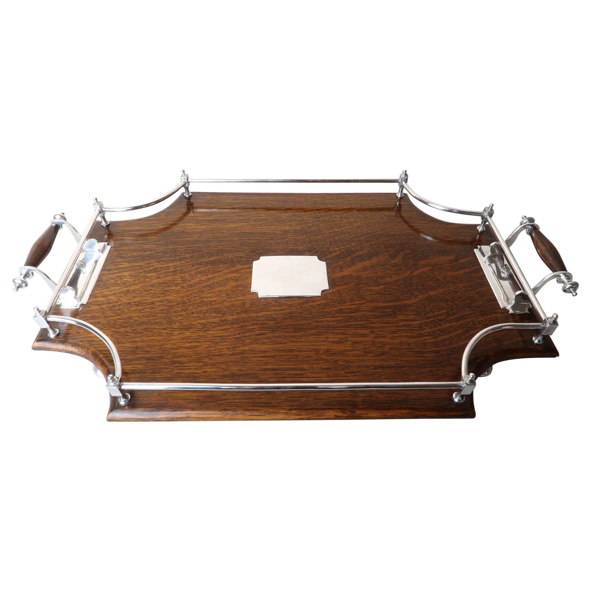 Antique Oak And Silver Plated Gallery Tray, English, circa 1910 For Sale