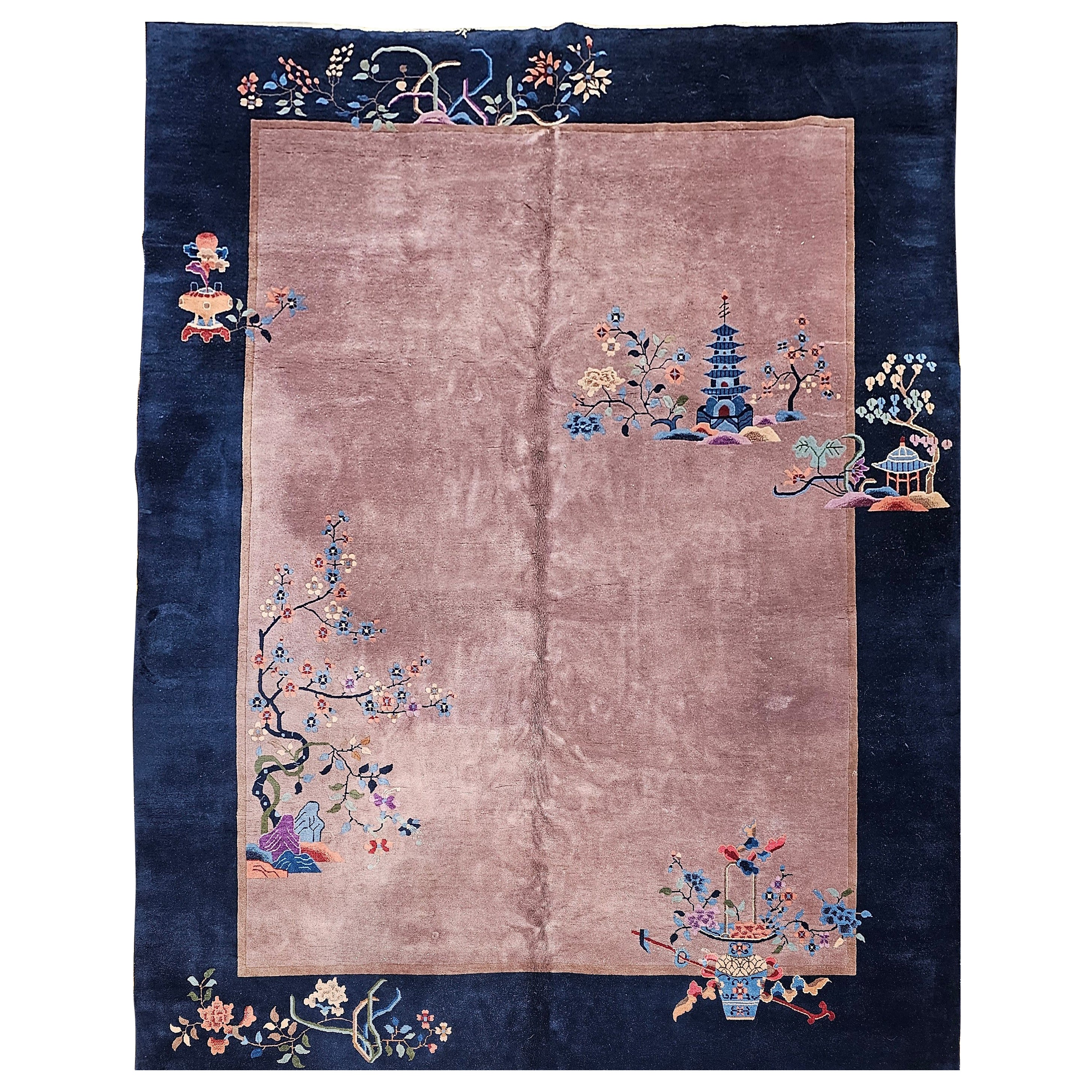 Vintage Art Deco Chinese Nichols Rug in Eggplant, Navy, Blue, Green, Pink For Sale