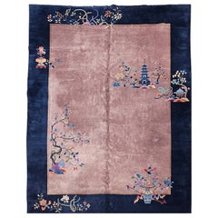 Antique Art Deco Chinese Nichols Rug in Eggplant, Navy, Blue, Green, Pink