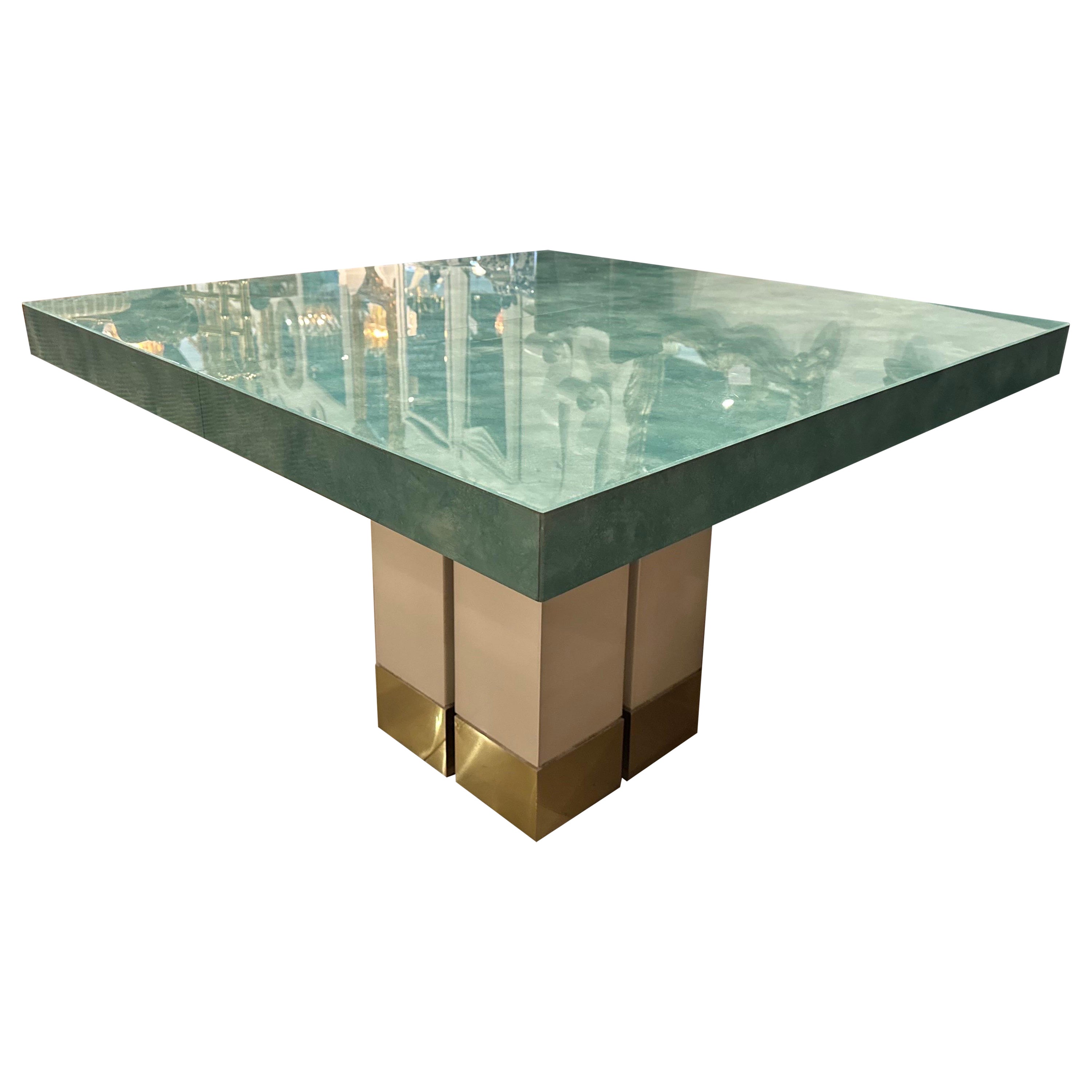 Vintage Mid-Century Modern Brass & Aqua Lucite Game Table Dining Square  For Sale