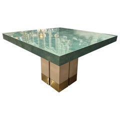 Vintage Mid-Century Modern Brass & Aqua Lucite Game Table Dining Square 