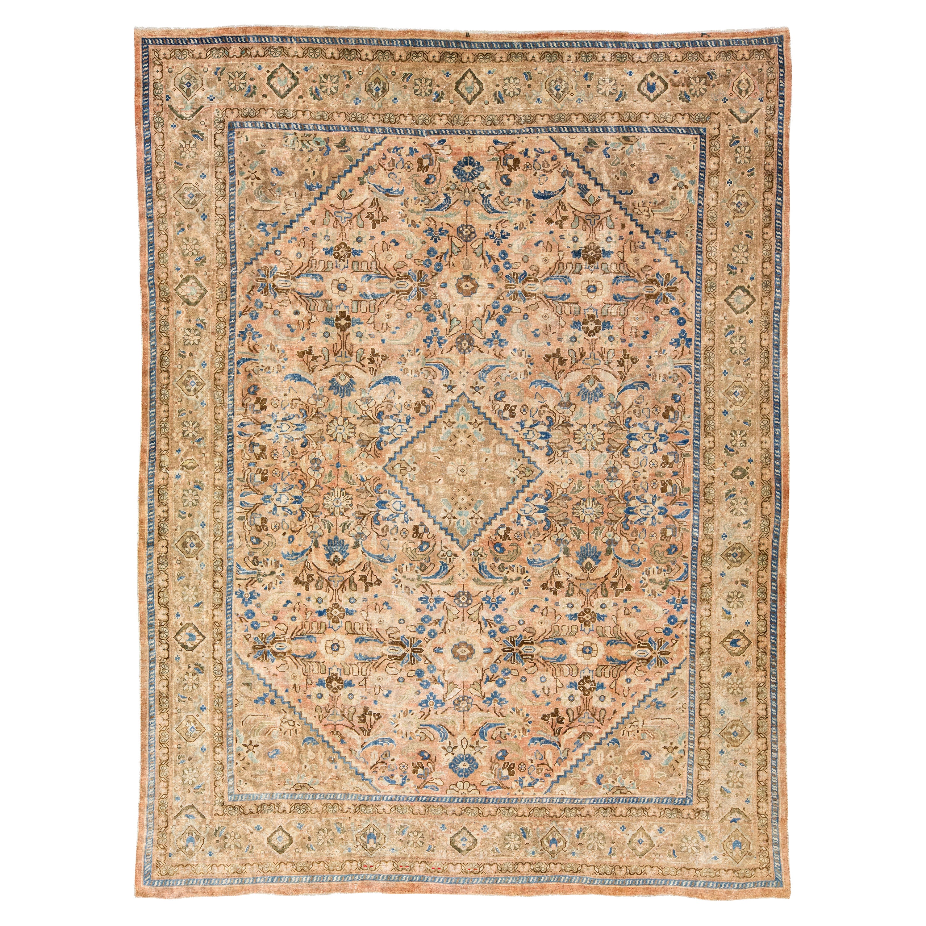 Handmade Persian Mahal Peach Wool Rug Featuring an Allover Floral Motif For Sale