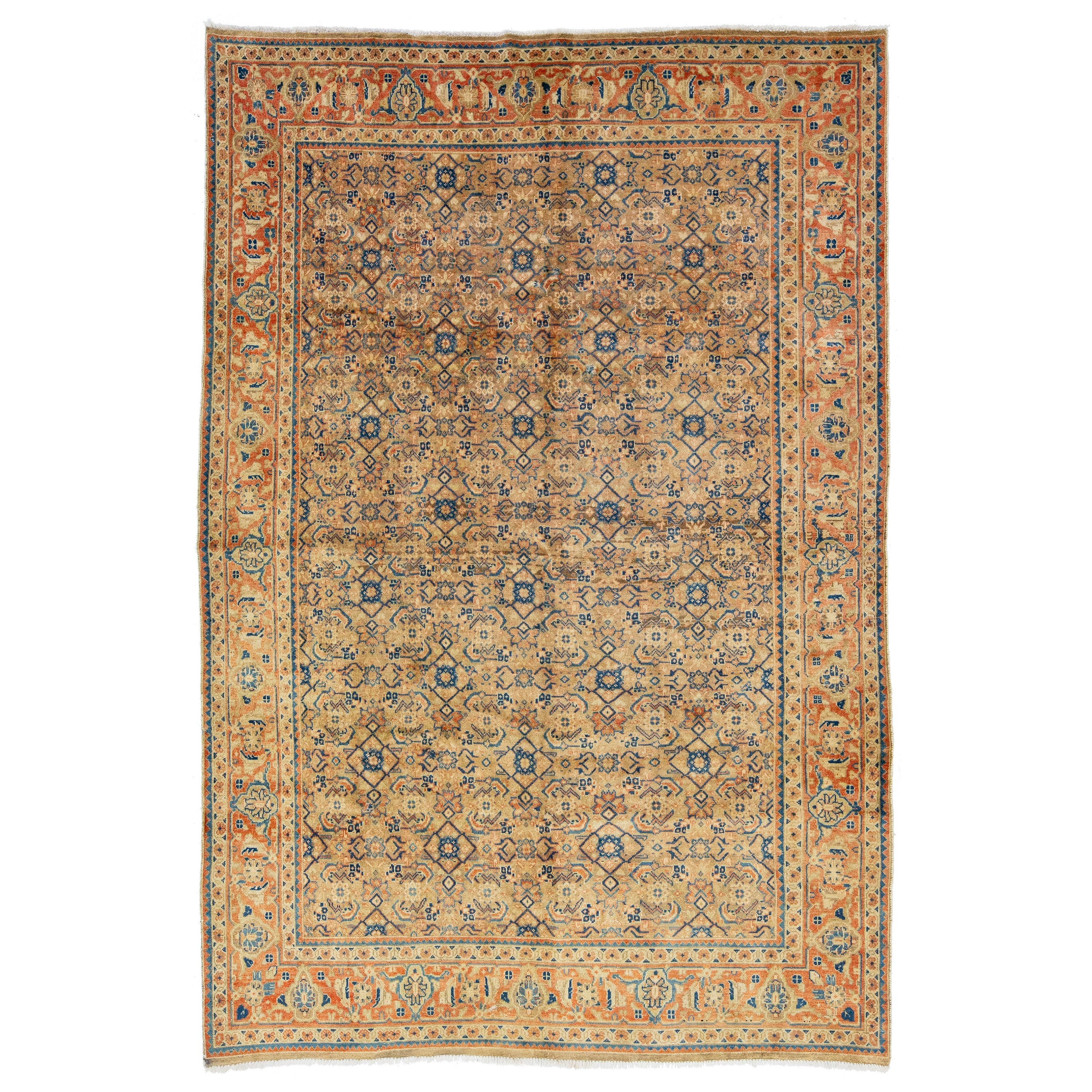  1920s Brown Antique Wool Rug Persian Mahal With Floral Pattern  For Sale