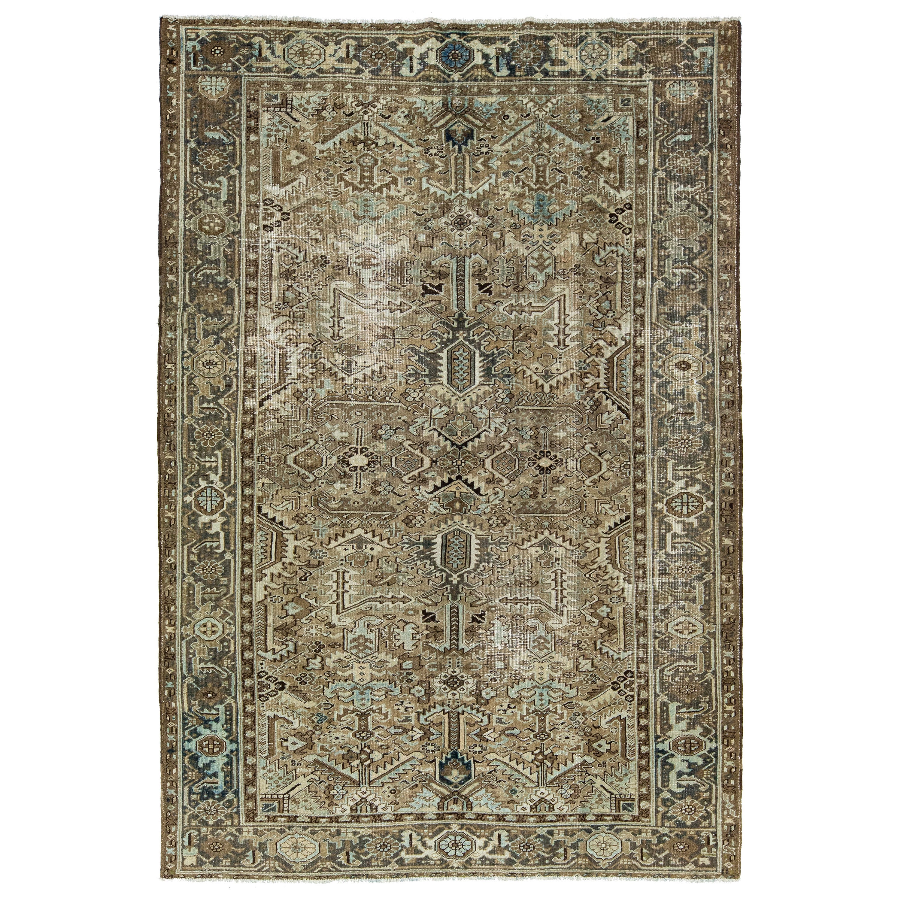 Allover Antique Wool Rug Persian Heriz In Brown Color From The 1920s