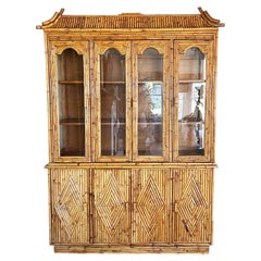 Vintage Chinoiserie Pagoda Bamboo China Cabinet with Glass Doors and Wood Drawers 1970s