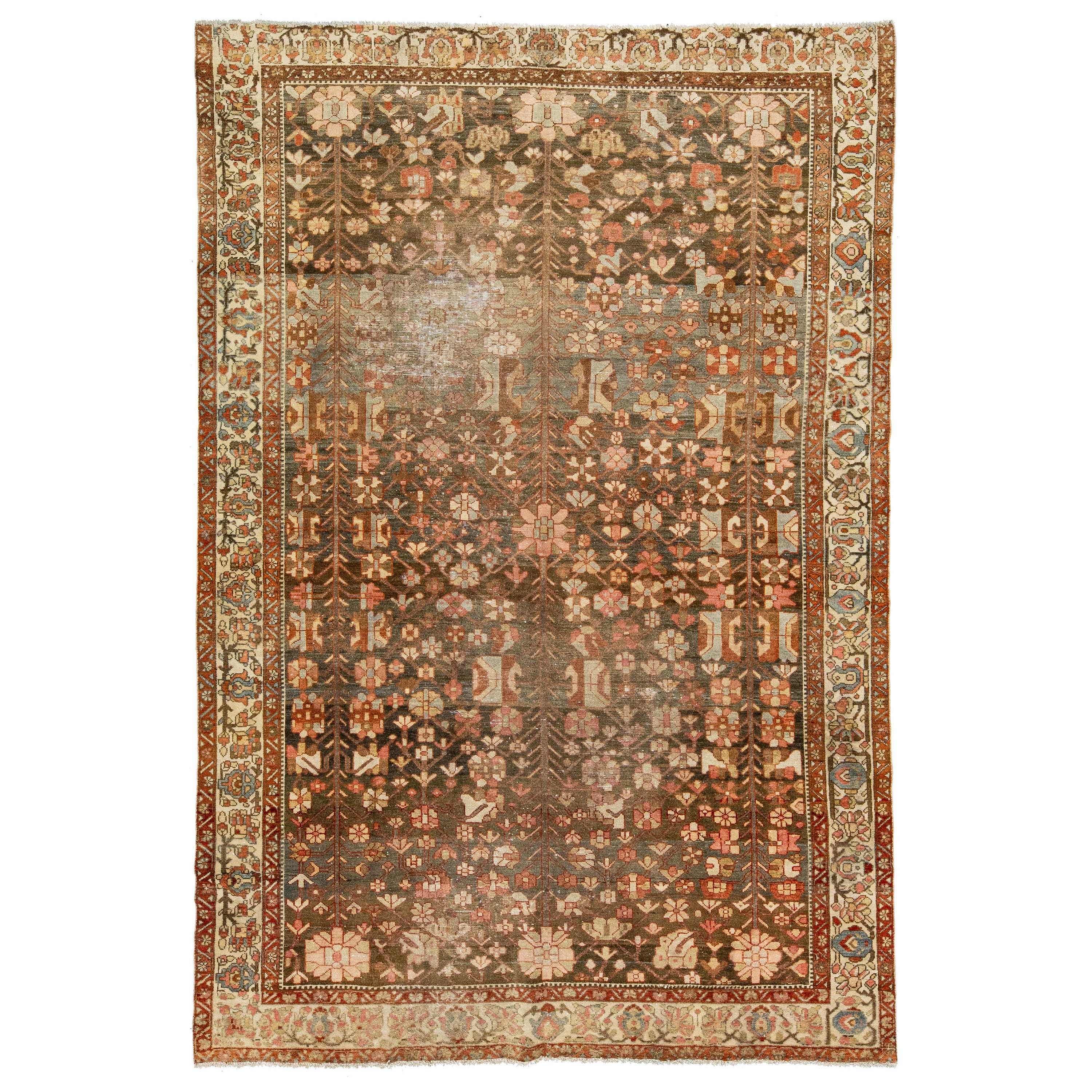 Brown Antique Persian Hamadan Wool Rug HandCrafted in the 1920s For Sale