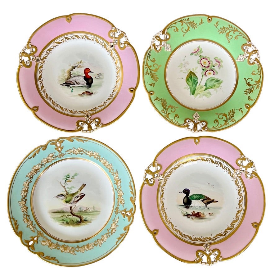 Samuel Alcock Set of 4 Plates, Pastel Colours, Birds and Flowers, ca 1857 For Sale