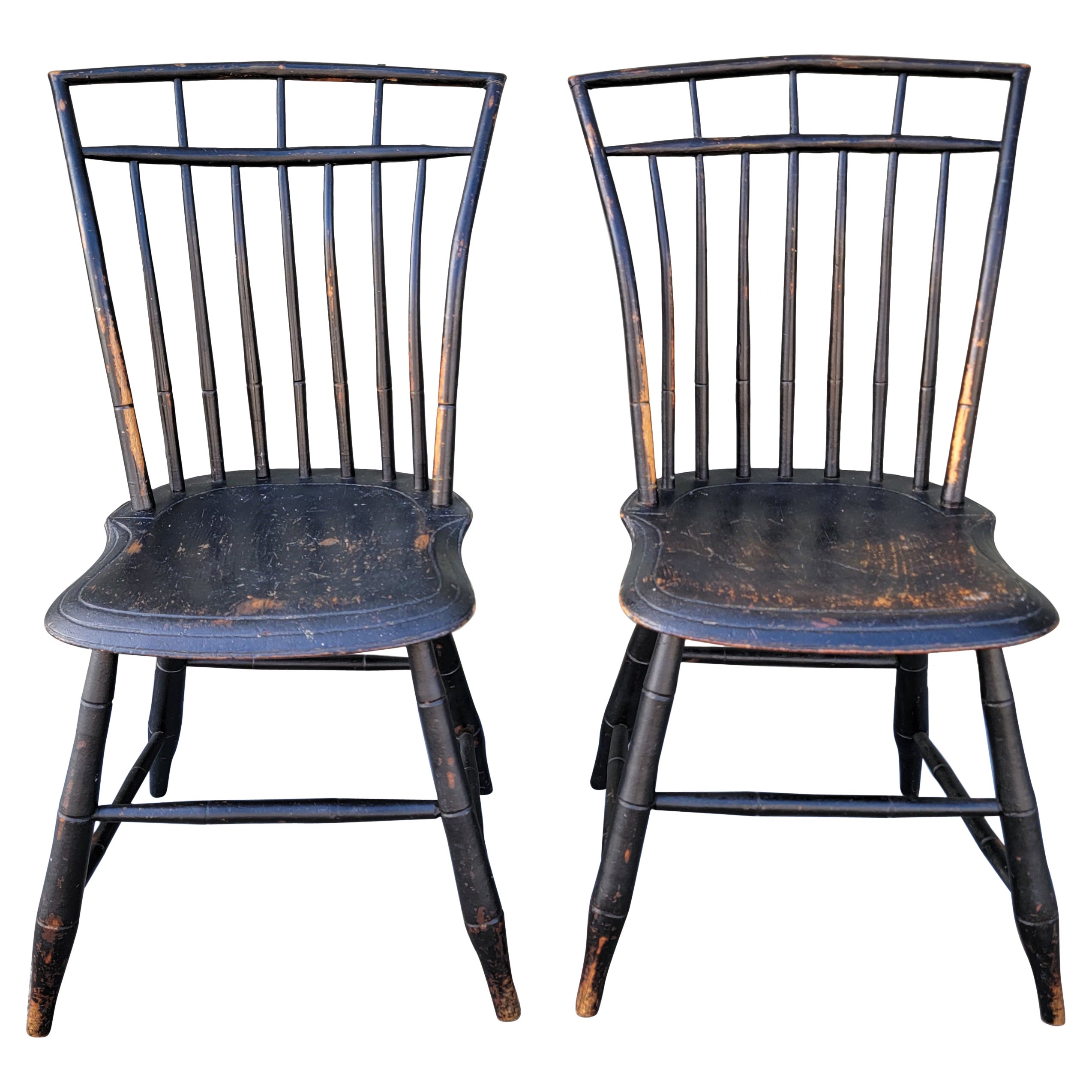 19Thc Bird Cage Windsor Chairs in Original Black Paint