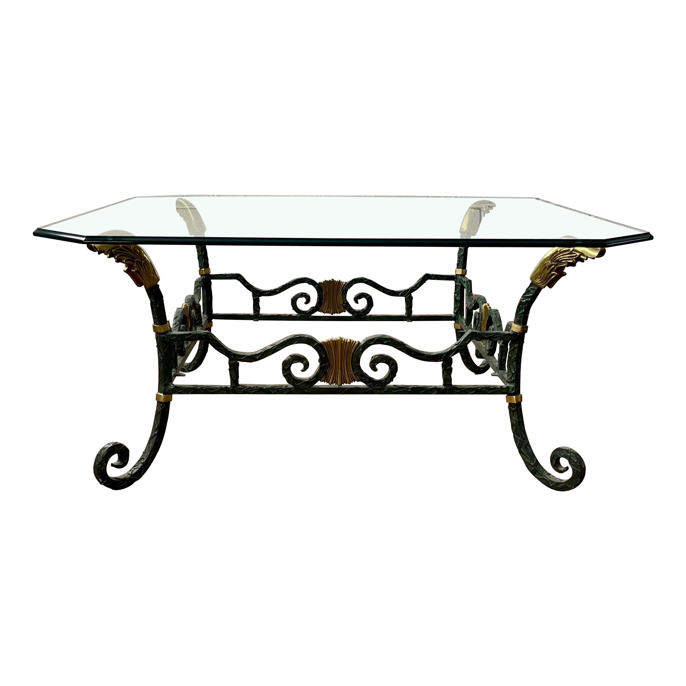 Hollywood Regency Iron and Brass Coffee Cocktail Table For Sale