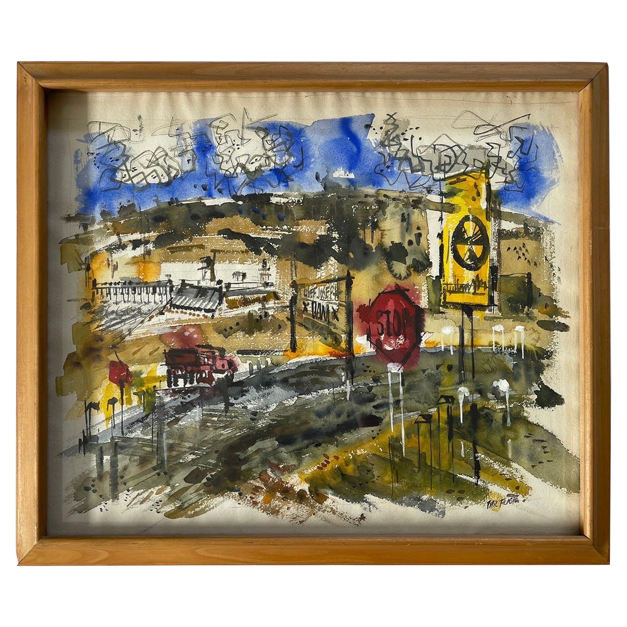 Vintage Original Framed Signed Abstract City Scape Artwork. For Sale