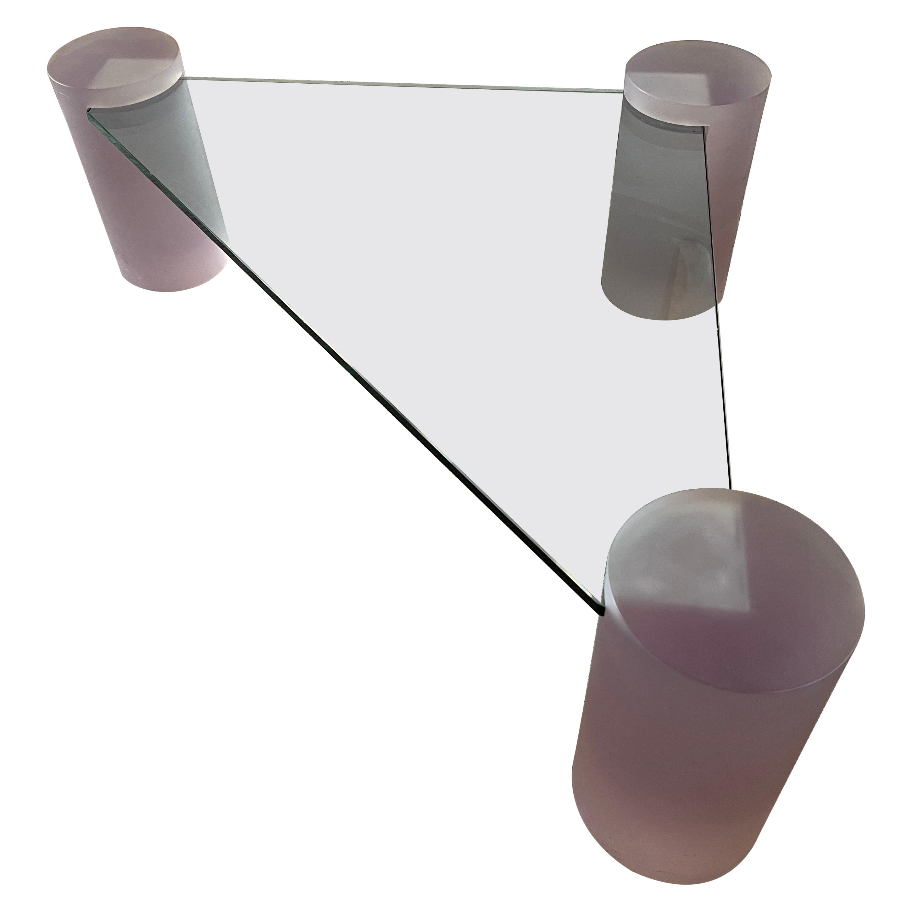1980 Pink Frosted Glass Triangle Coffee Table For Sale