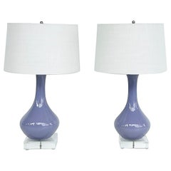 Vintage Modern Ceramic Table Lamps on Square Lucite Bases, Pair