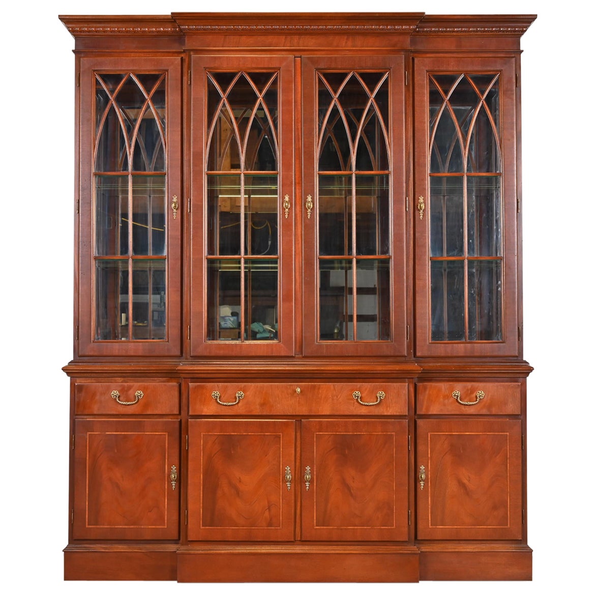 Georgian Inlaid Mahogany Lighted Breakfront Bookcase Cabinet For Sale