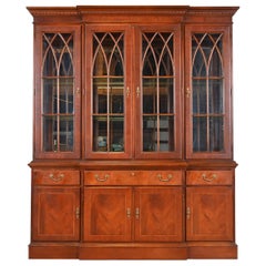 Vintage Georgian Inlaid Mahogany Lighted Breakfront Bookcase Cabinet