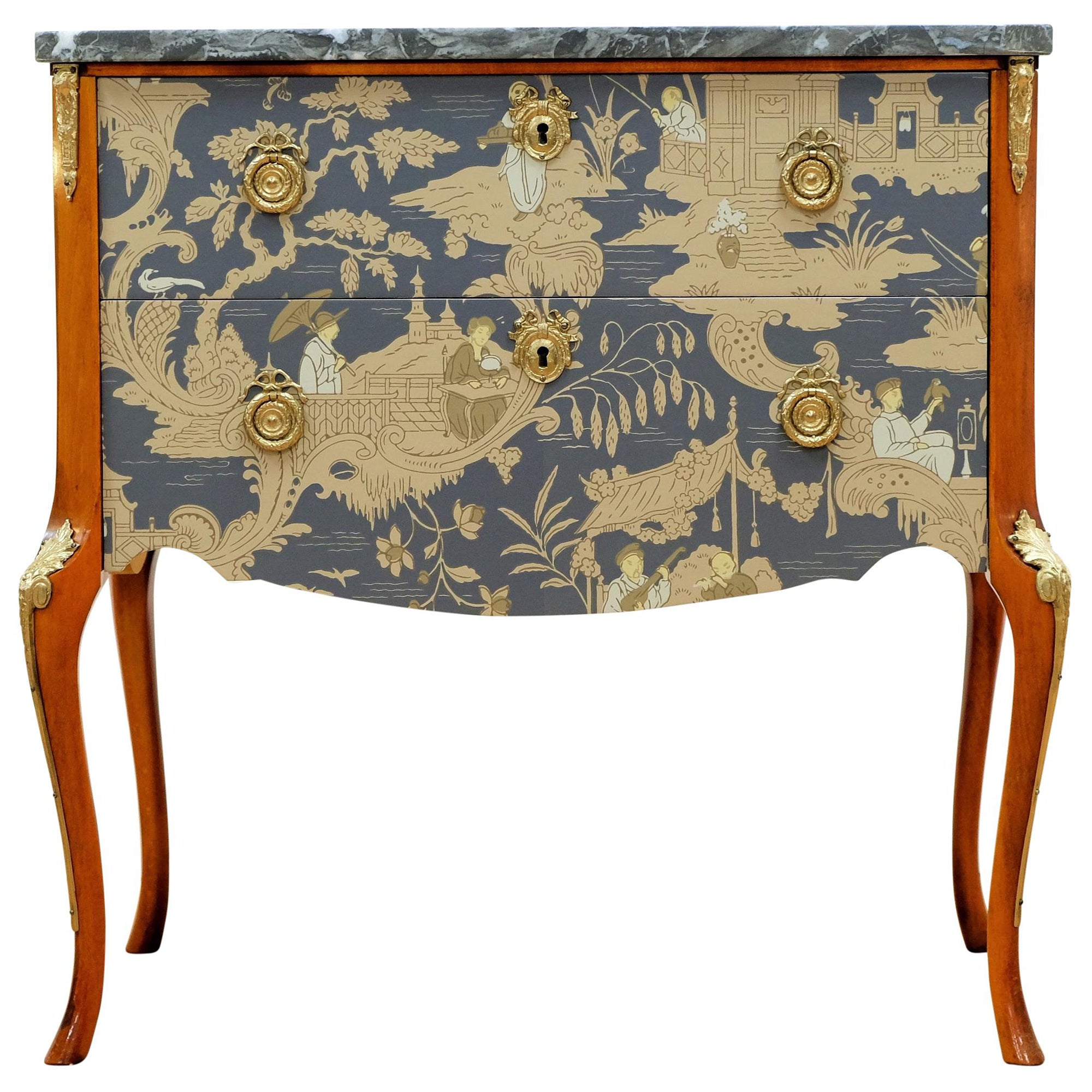 Gustavian Style Commode with natural marble top and Chinoiserie Design For Sale