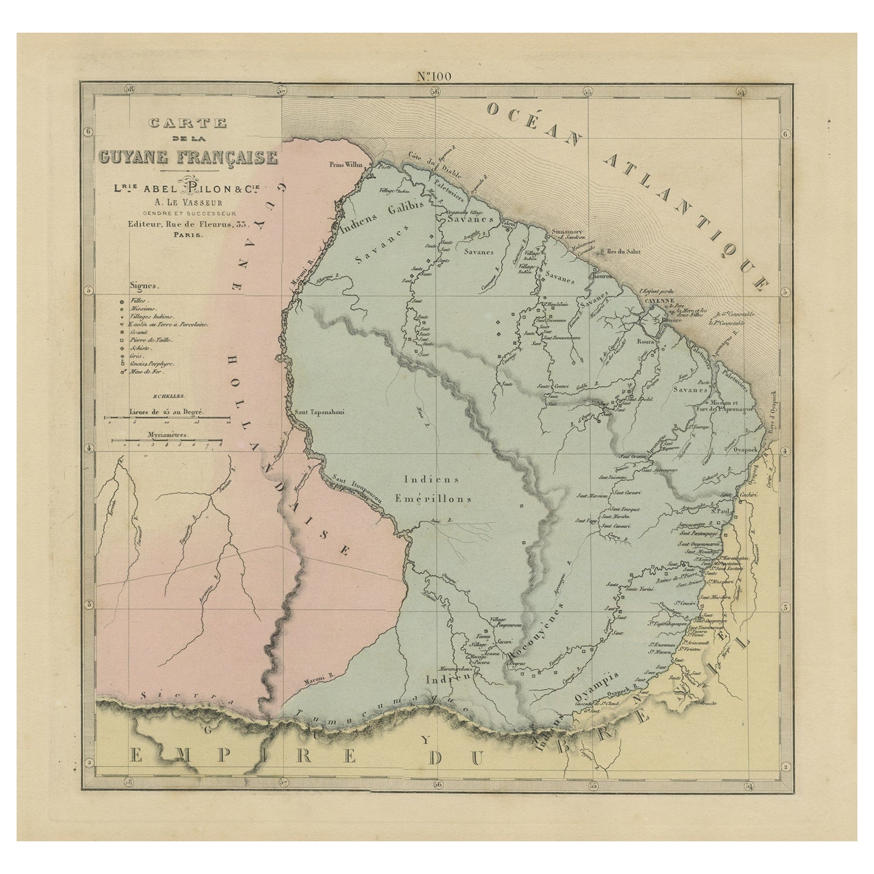 Antique Engraved Map with Original Hand Colour of French Guiana, 1876