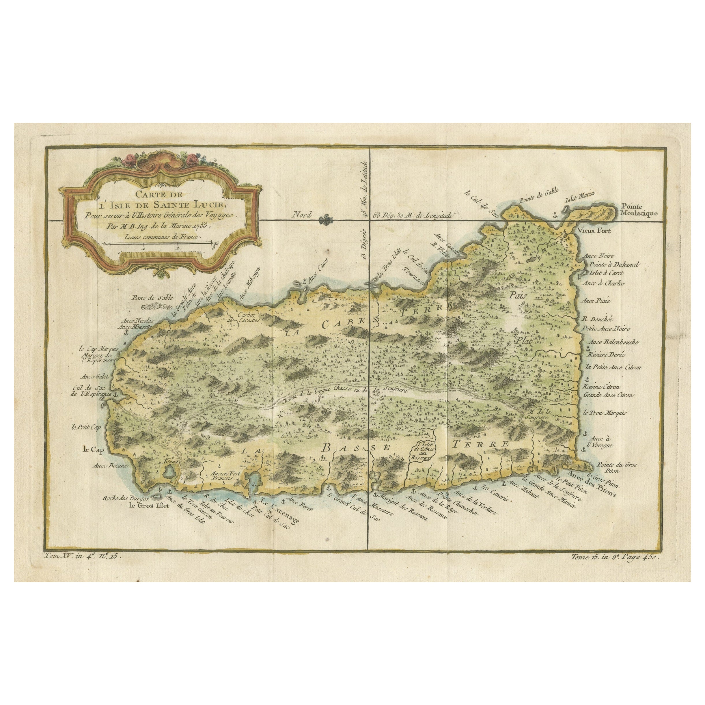 Engraved Map by Bellin of Saint Lucia or Sainte Lucie in the West Indies, 1764 For Sale