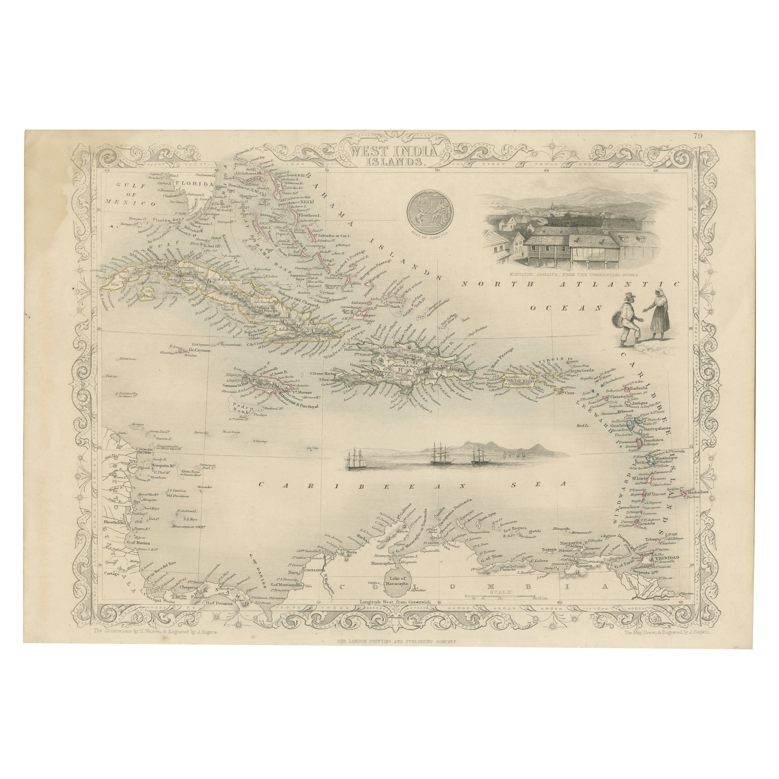  Gravure de Tallis et Rapkin d'une carte des Antilles des Caraïbes, 1851 en vente