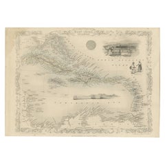  Gravure de Tallis et Rapkin d'une carte des Antilles des Caraïbes, 1851