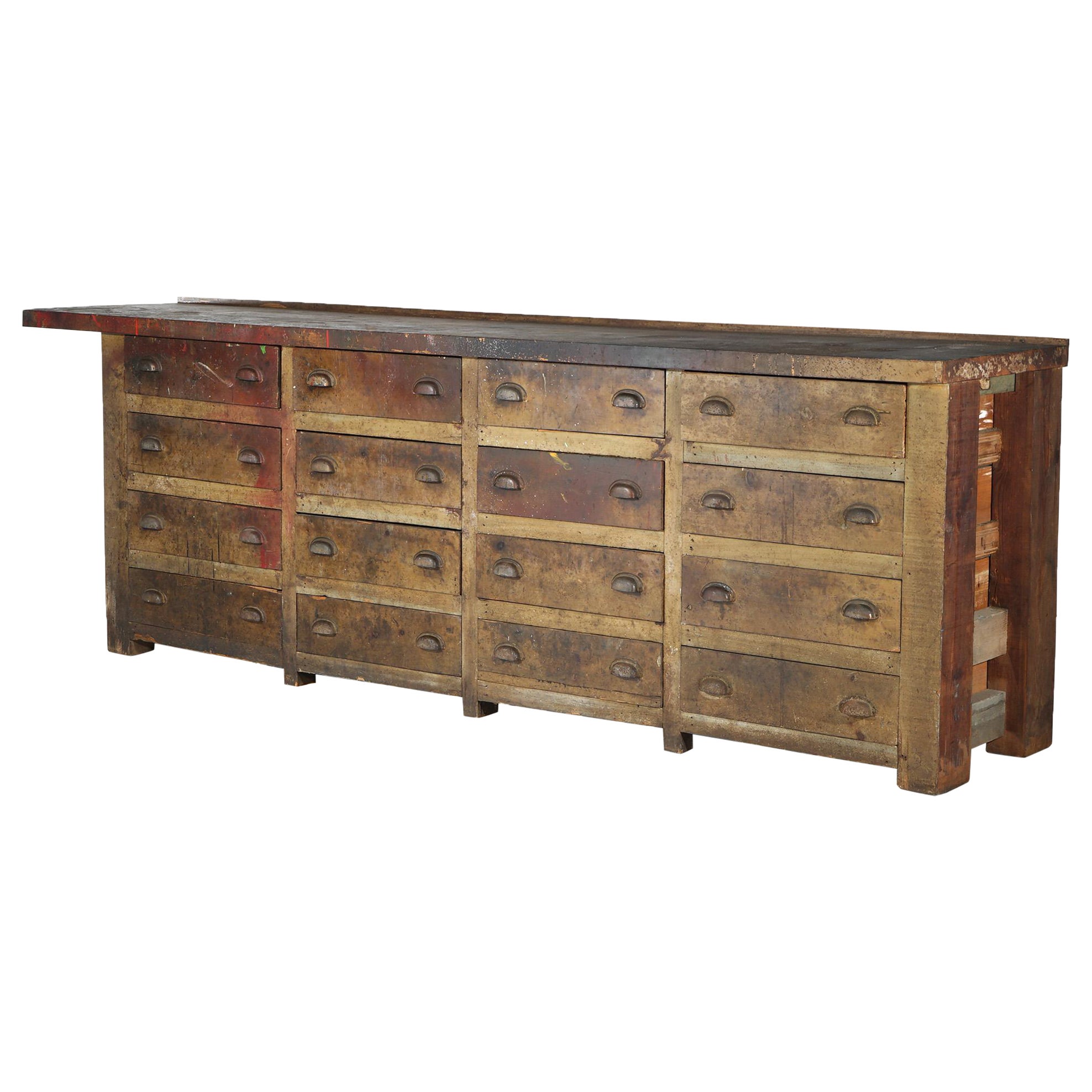 Antique Country Store 16-Drawer Tool Bench C1930 For Sale