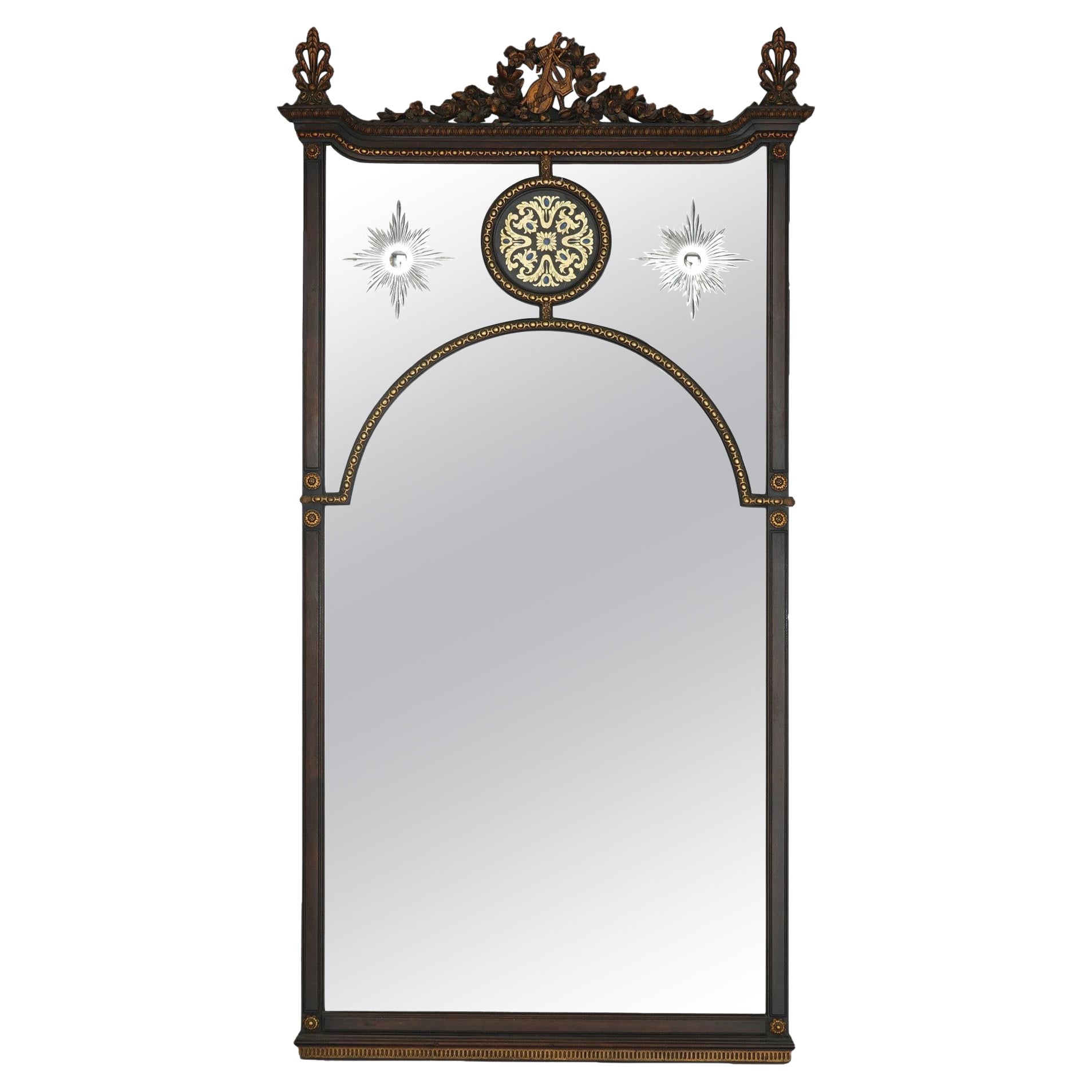 Large Antique Venetian Paint Decorated, Carved & Gilt Mahogany Wall Mirror c1920 For Sale