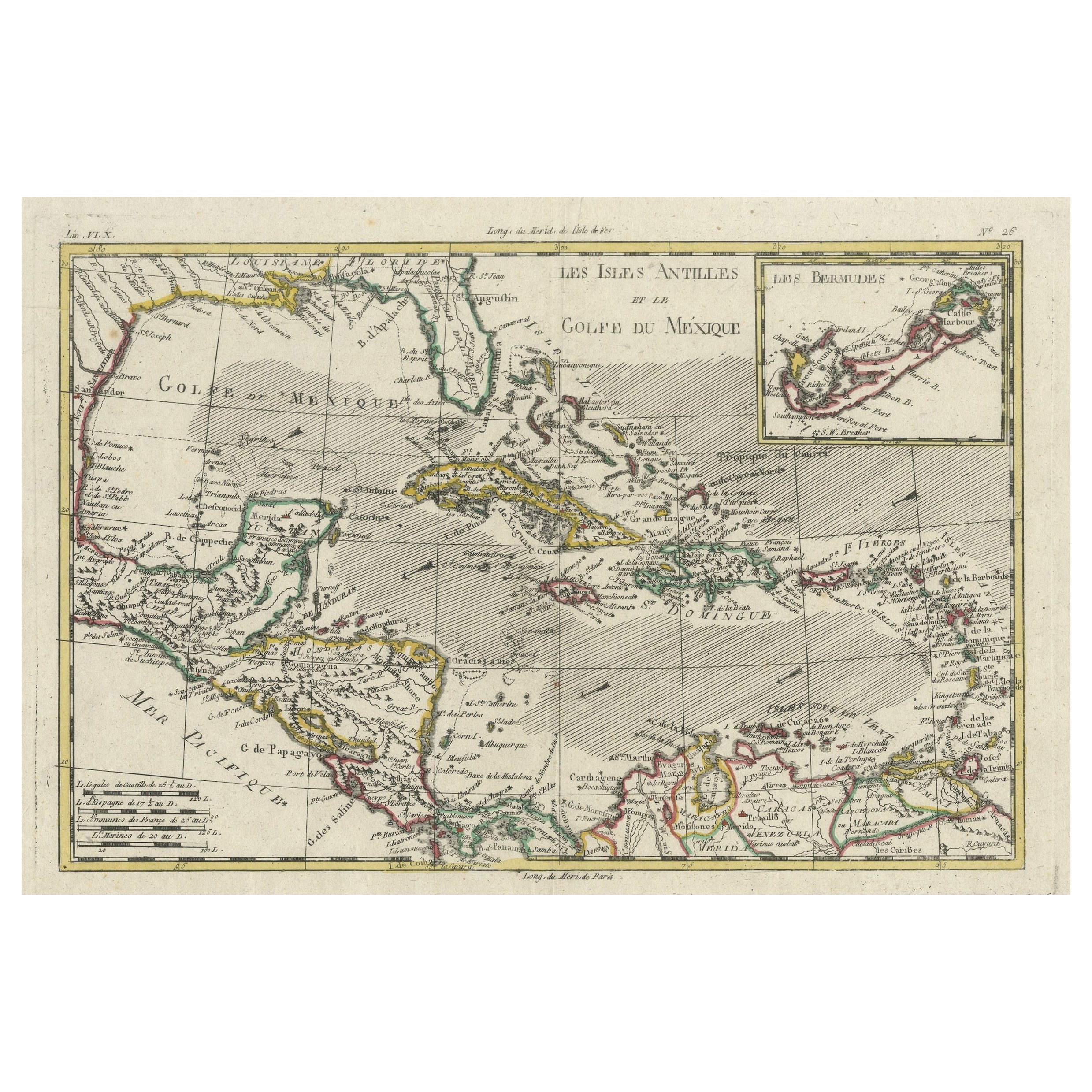 Gravure originale des Antilles, Caraïbes occidentales, Golfe du Mexique, 1780
