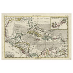 Antique Original Engraving of the West Indies, Gulf of Mexico, Antilles, Caribbean, 1780