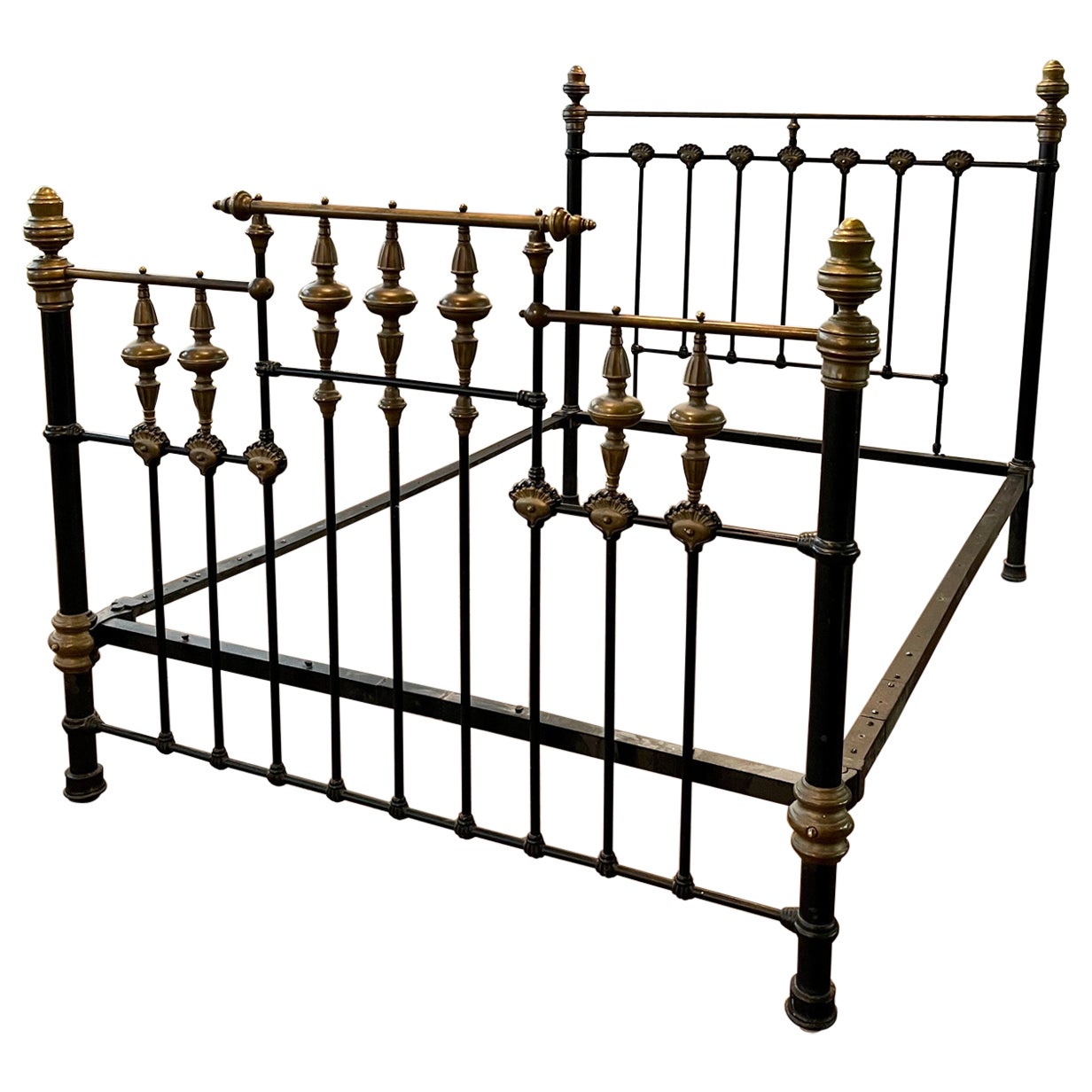 Victorian Antique Bed in Black Iron and Brass