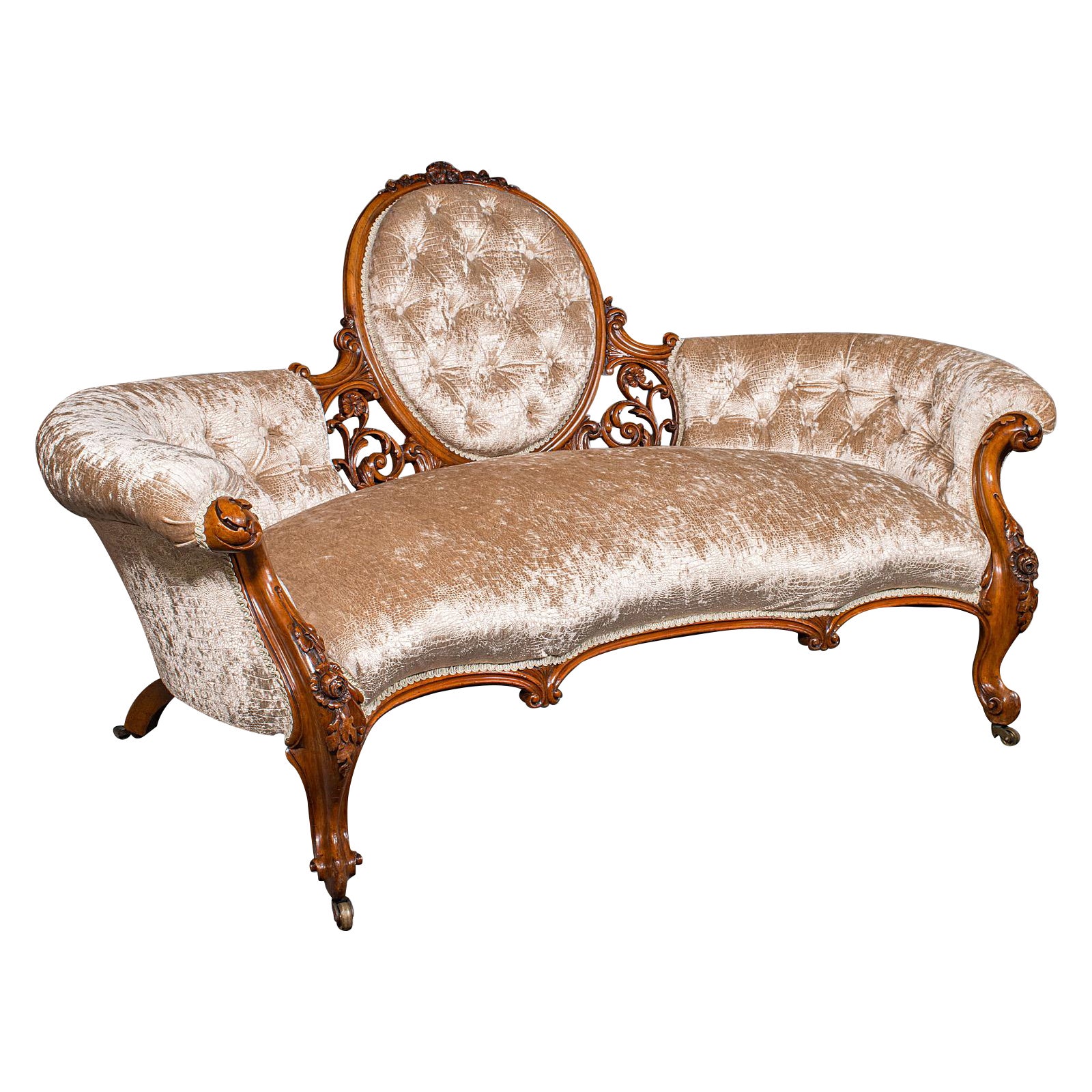 Antique Carved Spoon Back Settee, English, Walnut, Showpiece Sofa, Victorian For Sale