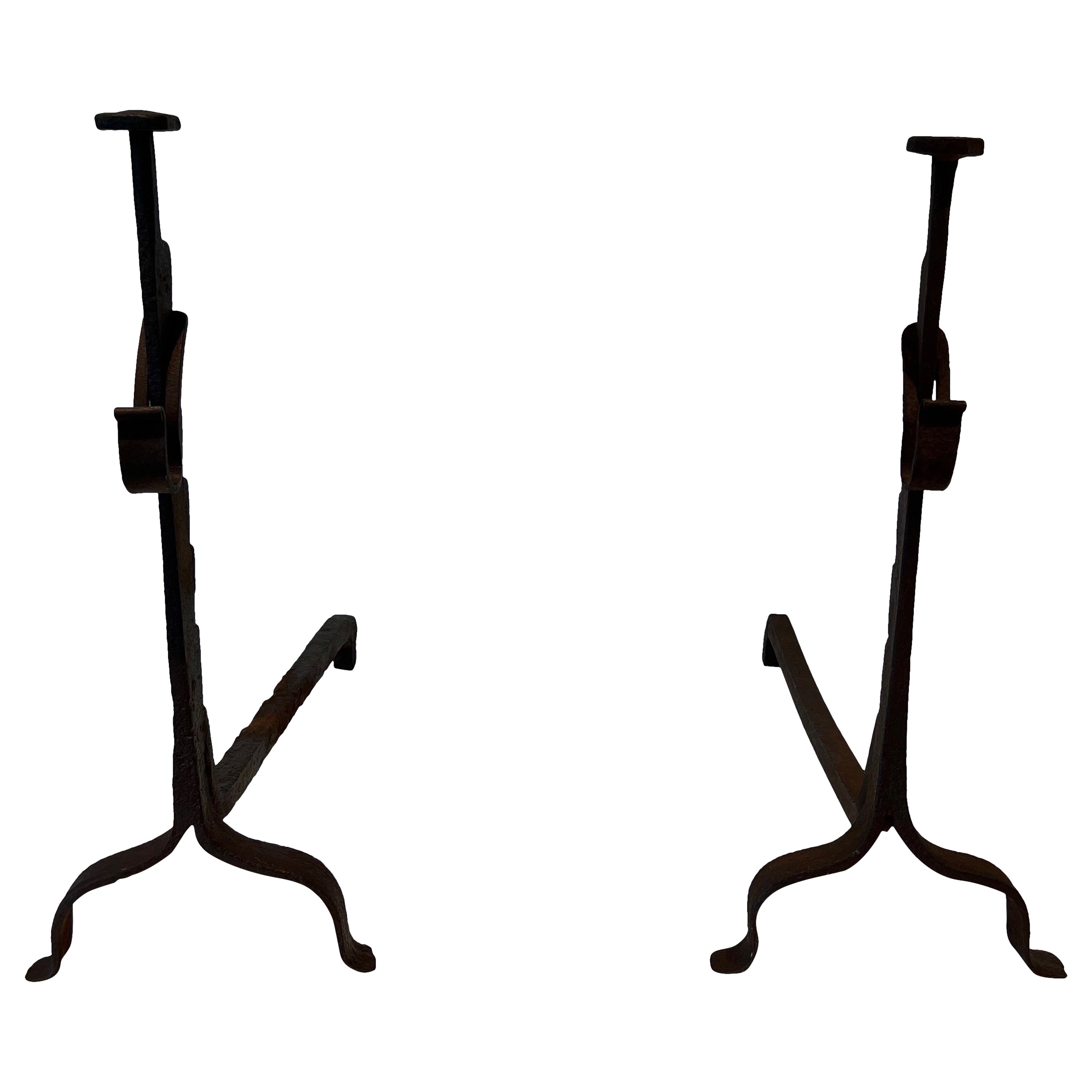 Pair of Wrought Iron Andirons For Sale