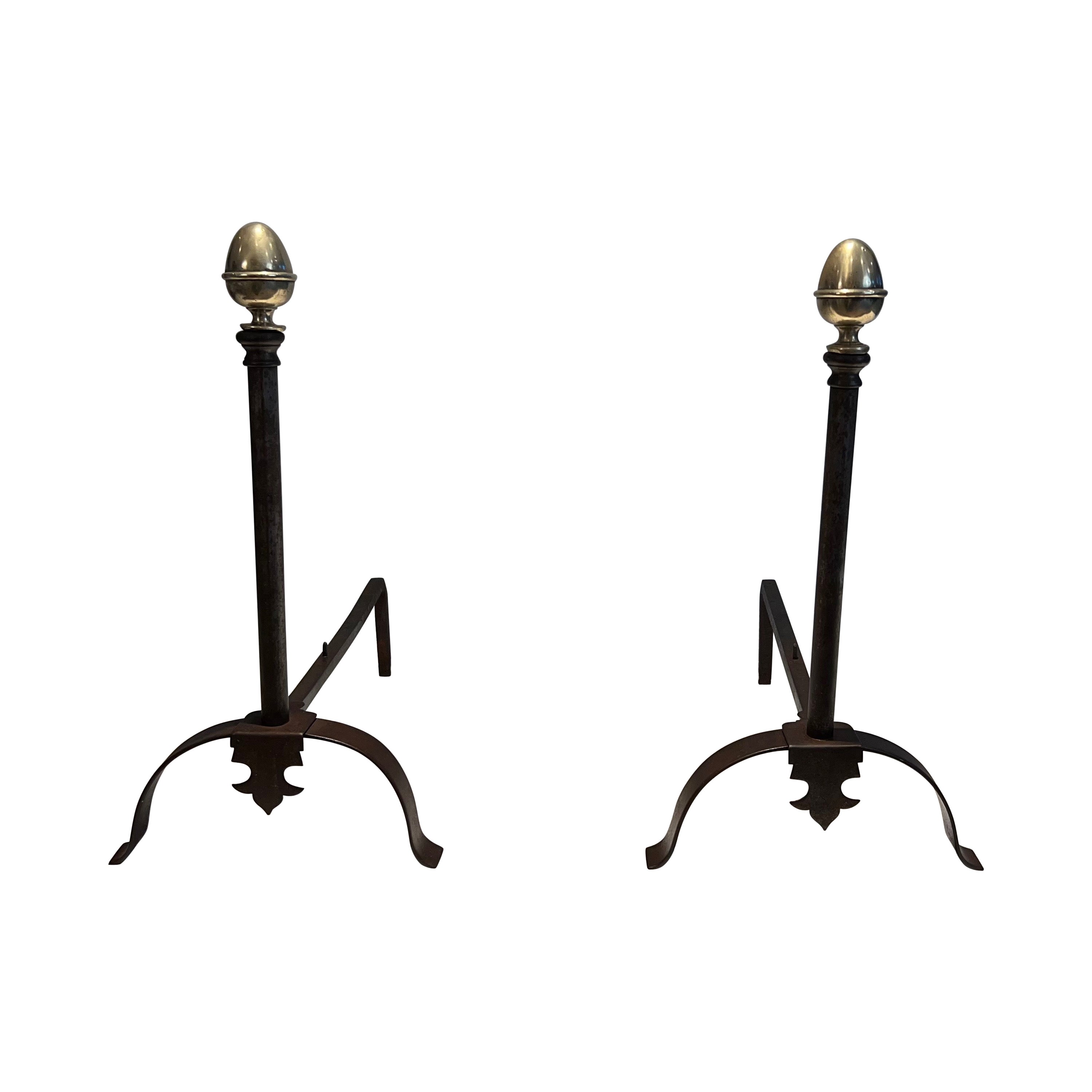 Pair of Wrought Iron and Brass Andirons