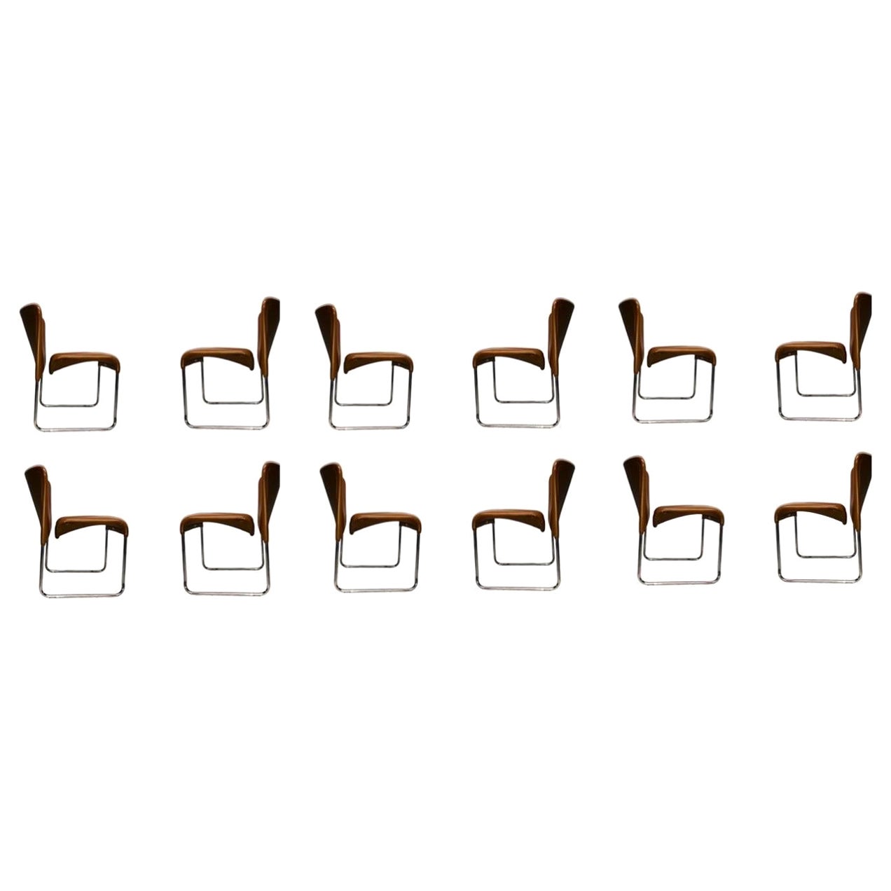 This is a set of 6 unusual Bauhaus Cantilever Dining Chairs, designed by Marcello Cuneo for Mobel Italia in the early 1970s. These were imported from Italy via Stendig, and were initially retailed & purchased through their NYC showroom. The listed