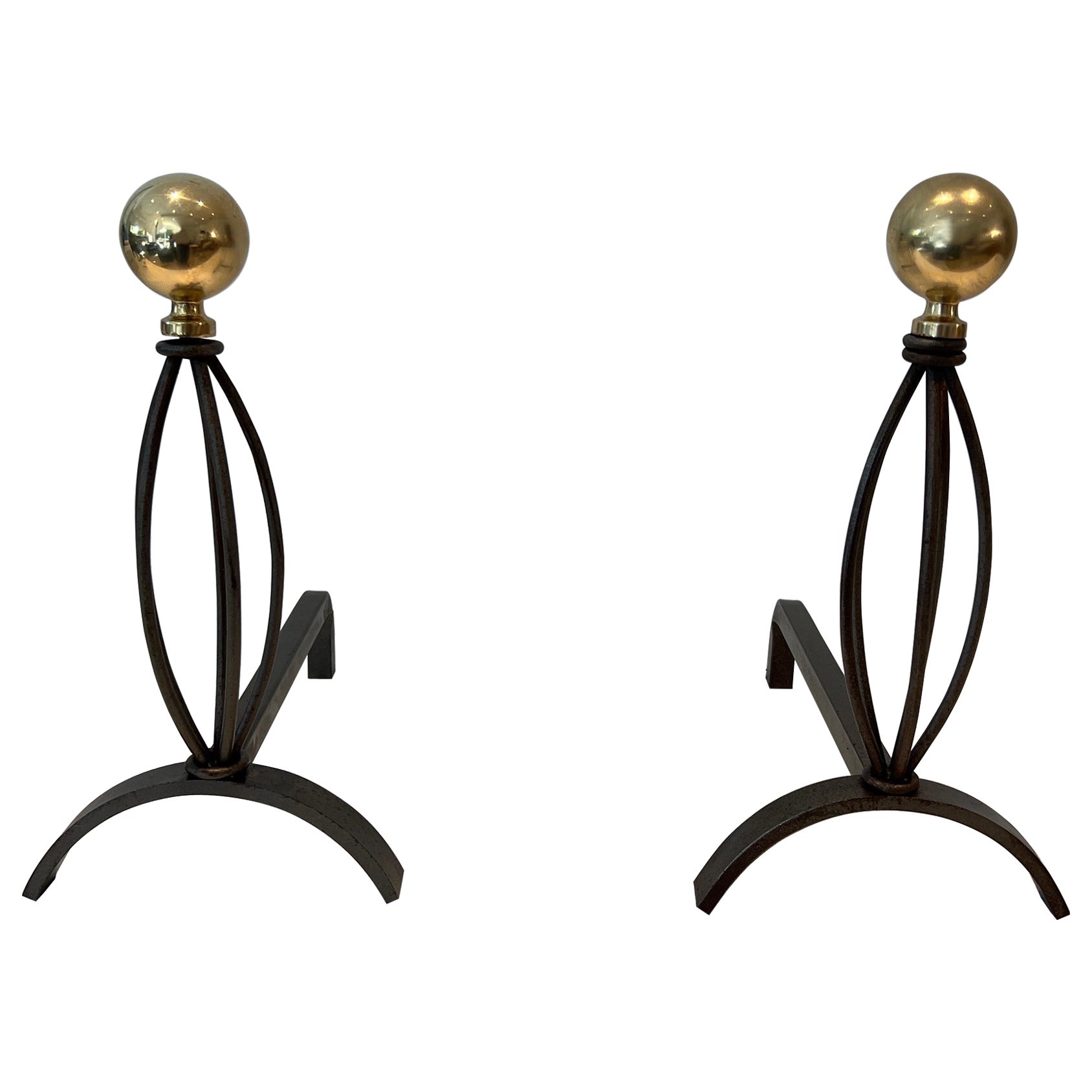 Pair of Wrought Iron and Brass Andirons