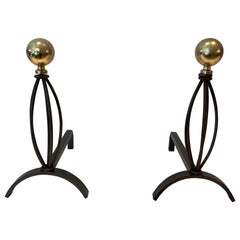 Retro Pair of Wrought Iron and Brass Andirons