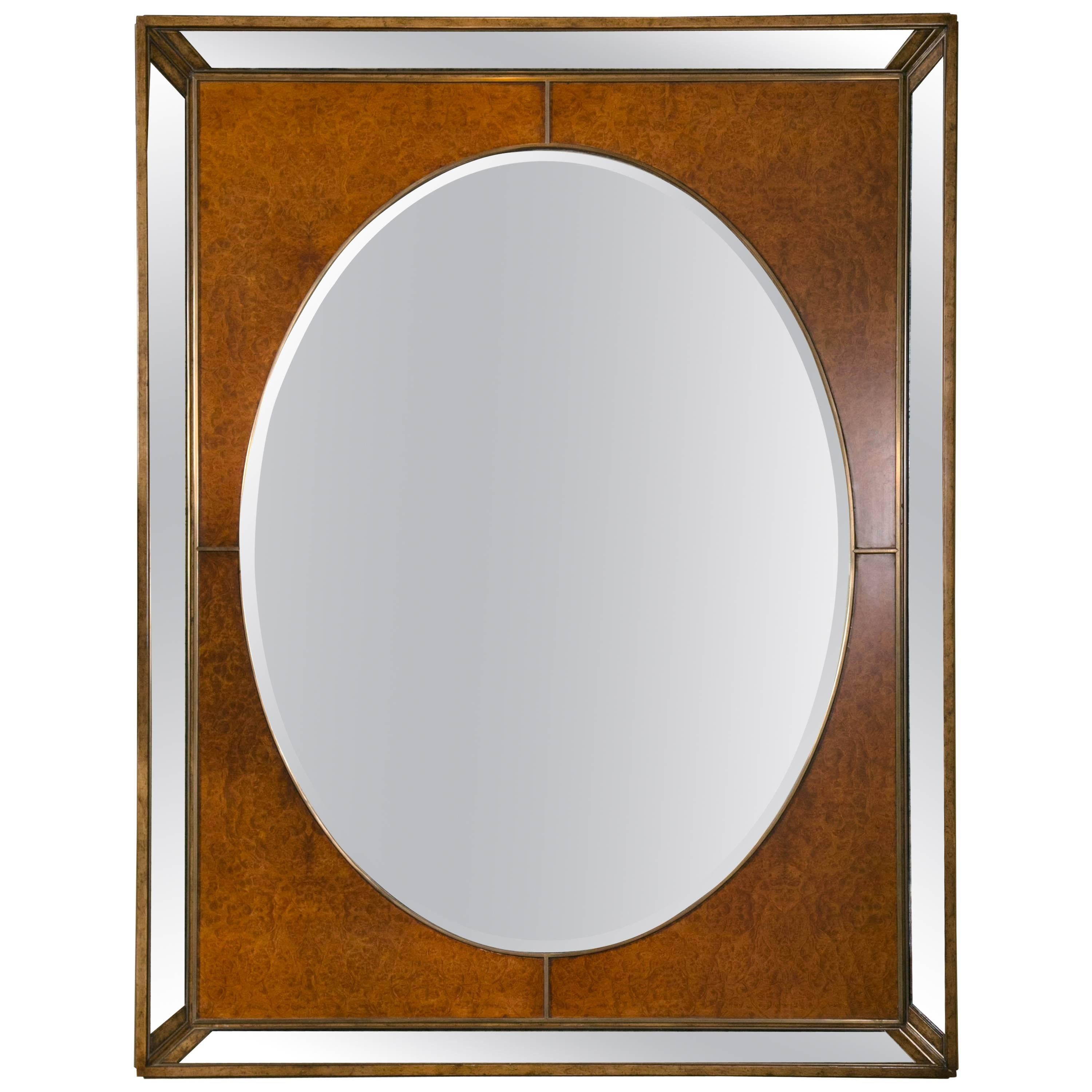 Monumental Burl and Glass Art Deco Beveled Mirror By Theodore Alexander Stamped